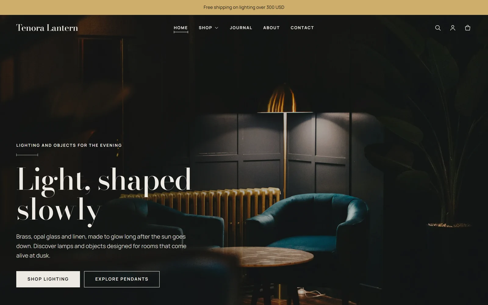 The Lantern preset home page on desktop, with a dark lounge lit by a floor lamp and the heading "Light, shaped slowly"